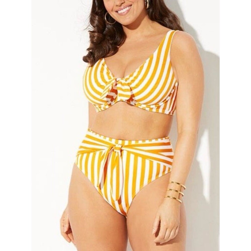 GabiFresh X Swimsuits for All Striped Yellow & White High-Waist Bikini Set 22